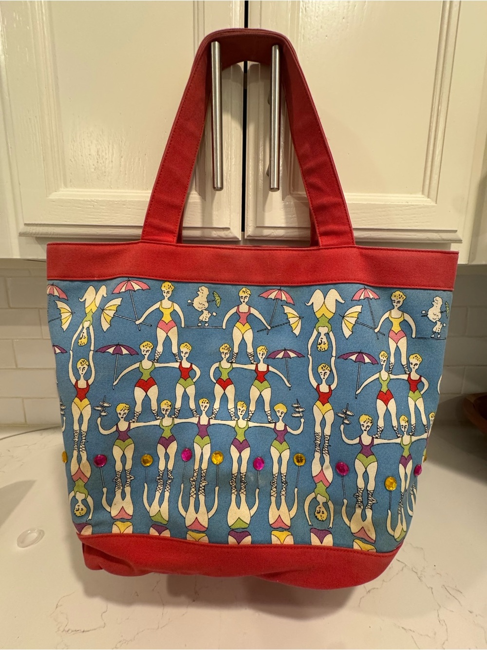 Vintage Lulu Guinness Printed Canvas Tote Bag in Red and Blue